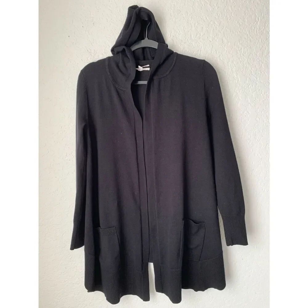 Pointelle Black Hooded Open-Front Sweater Cardigan With Pockets Size SP